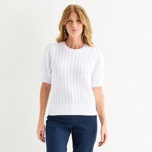 NWT Liz Claiborne Womens M Petite White Short Sleeve Pullover Sweater Crew Neck